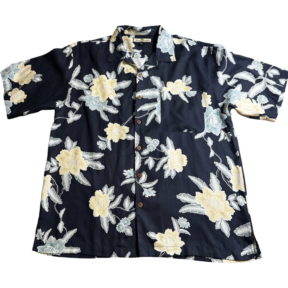 Tommy Bahama Silk Camp Shirt Mens L Navy Blue Floral Herringbone Excellent Aloha